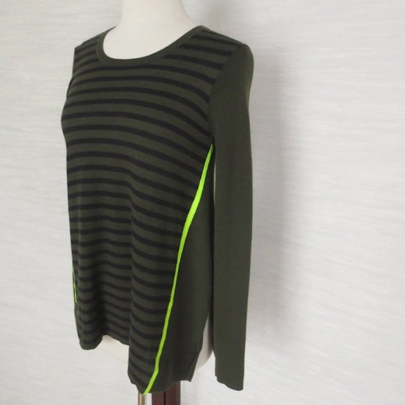 Green and Black Cotton Cashmere Trapeze Stripe Tunic Crew Neck Sweater - Picture 4 of 5